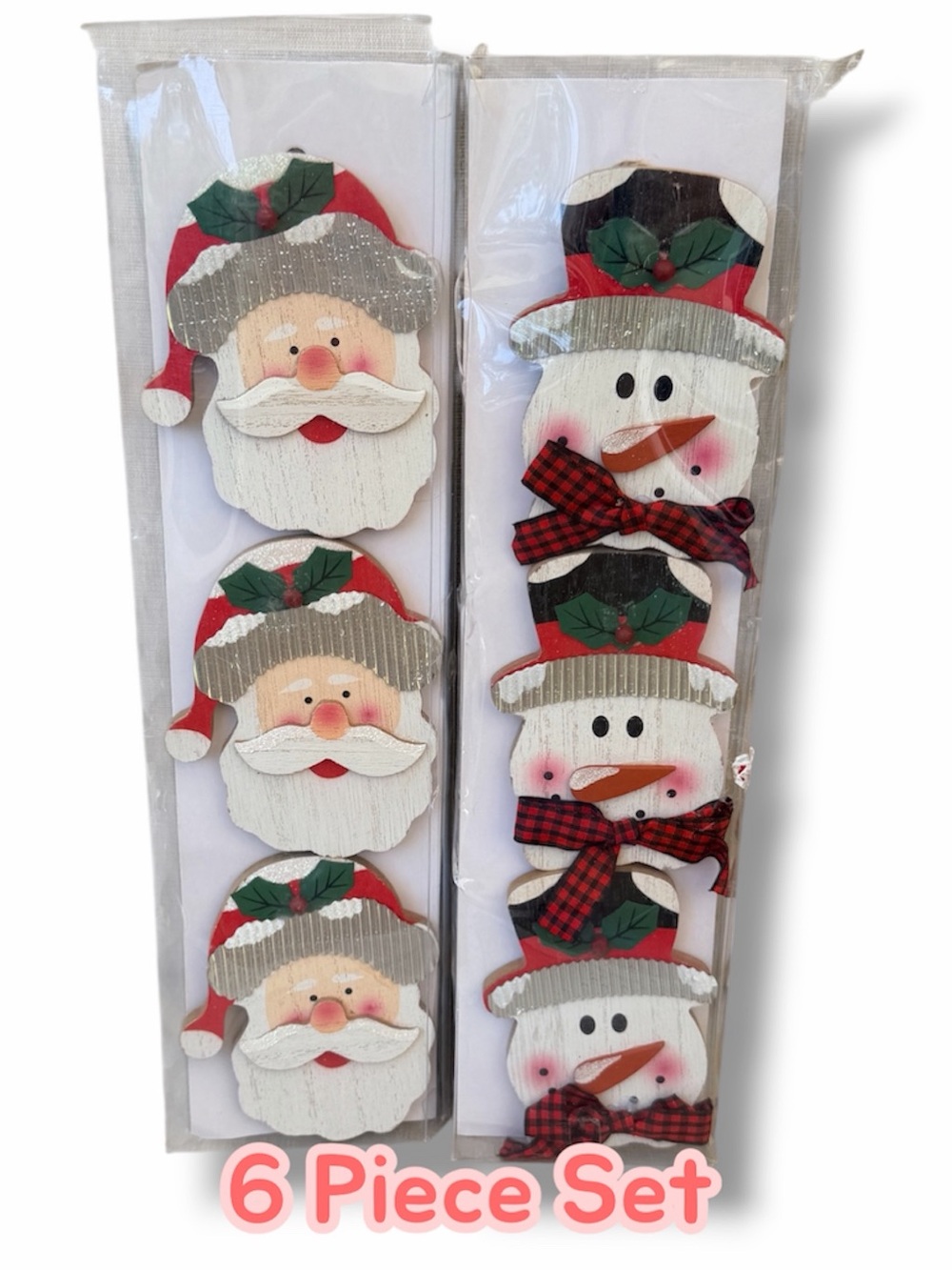 Santa Snowman Christmas Wooden Rustic Holiday Ornaments SET OF 6
